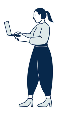 Girl holding laptor. Standing young woman workingのイラスト素材
