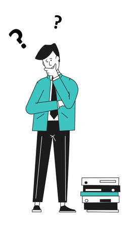 Man with question looking at paperwork. Person worryied about pile of documentsのイラスト素材