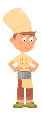 Chef kid holding cooking pot. Cute cartoon boy characterのイラスト素材