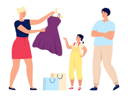 Family buying clothes. Mother choosing dress for girlのイラスト素材