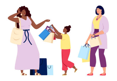 Women with bunch of shopping bags. Shopaholic conceptのイラスト素材