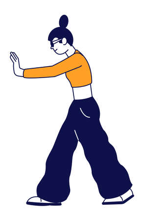 Pushing woman. Girl in wide pants standing. Side viewのイラスト素材