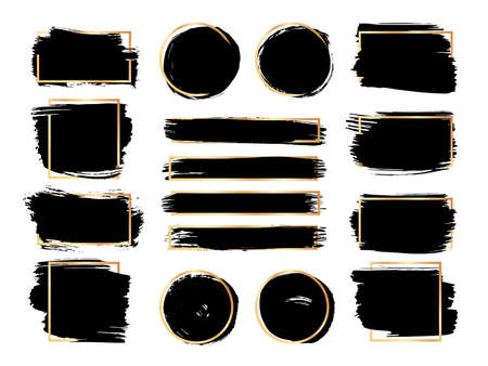 Brush frames elements. Gold frame paint, dark canvas squared. Isolated ink brushes stain, dirty grunge shapes. Abstract swanky vector bannersのイラスト素材