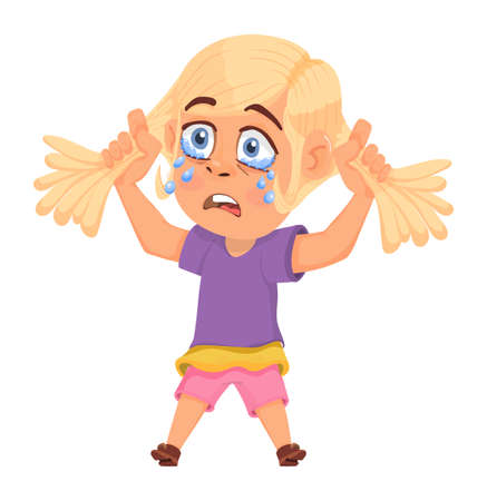 Crying girl. Child weep and shed tears. Cartoon sad kidのイラスト素材