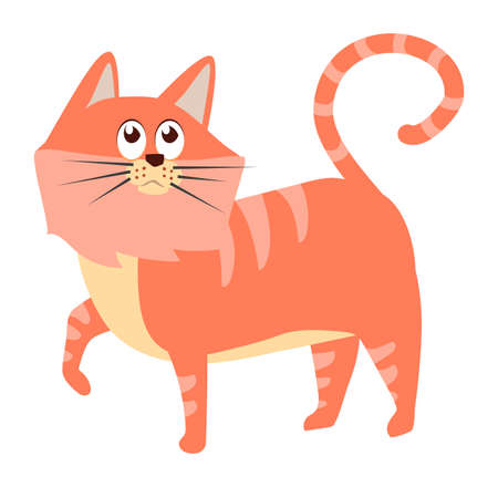 Striped red cat. Walking fluffy animal in cartoon styleのイラスト素材
