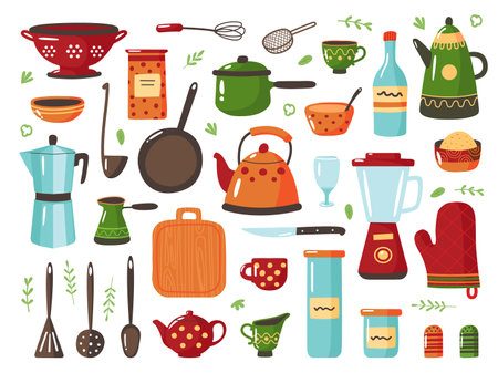 Kitchen tools. Cook equipments, cooking tool and crockery. Isolated decorated cup, polka dot teapot. Accessories for food home made classy vector kitのイラスト素材