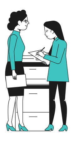 Two women talking. Boss giving task. Work conversationのイラスト素材