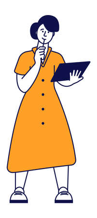 Young woman with work tablet. Thinking person. Girl in orange dressのイラスト素材