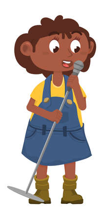 Girl singing in cleaning mop. Cartoon young woman singerのイラスト素材