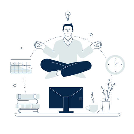 Man meditation on work. Businessman meditate, zen and chilling. Business relax, busy manager take a break. Relaxing in office, no stress recent vector conceptのイラスト素材