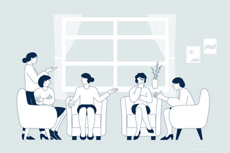 Women group therapy. Meeting for help, counseling group female. Woman talks psychotherapy, psychology support class flat recent vector conceptのイラスト素材