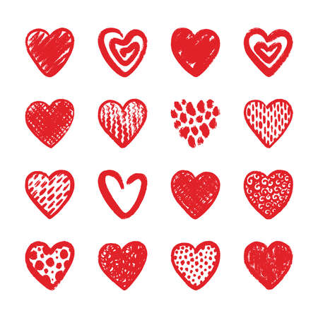 Sketch red hearts. Grunge heart, wedding romance artwork. Highlighter drawing elements, valentines day sign. Isolated dirty love symbols, swanky vector setのイラスト素材
