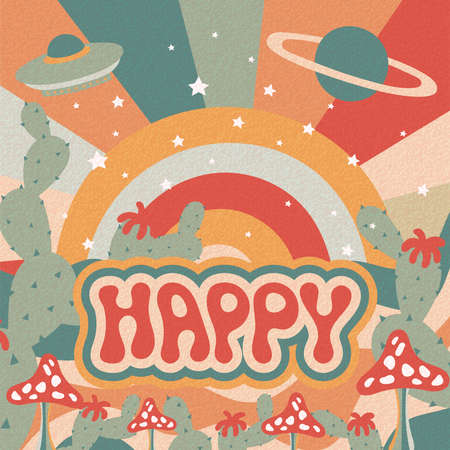 Groovy 70s retro print. Happy vibes, hippie style placard. Peace poster, surreal fantasy boho art, retro background with mushrooms, swanky vector illustrationのイラスト素材