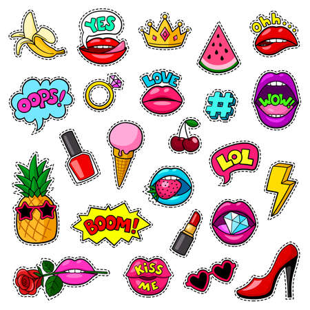 Fashion pop art patches. Girl badges, banana, ice cream and sexy lips. 80s style graphics, hipster icons. Isolated trendy retro comic garish vector elementsのイラスト素材