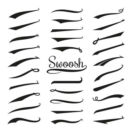 Swoosh tails. Retro swooshes, typography curly font tail. Sport vintage text decoration, lettering banners. Underline accent tidy vector collectionのイラスト素材