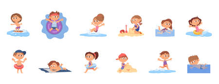 Swimming kids. Happy summer children, beach vacations. Pool holidays, cartoon boy girl with swim elements. Ocean little characters decent vector setのイラスト素材