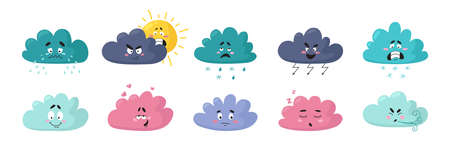 Cartoon weather clouds. Cute character, cloud emotions. Isolated angry, joyful sad faces. Baby shower design, snowy or rainy icons, classy vector setのイラスト素材