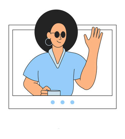 Woman waving hand from computer screen. Video callのイラスト素材