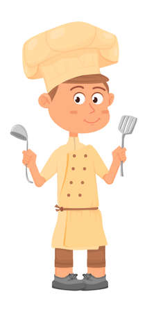 Boy holding ladle and turner. Cooking kid conceptのイラスト素材