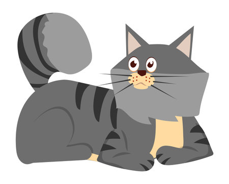 Grey cat laying. Cute pet with fluffy tailのイラスト素材