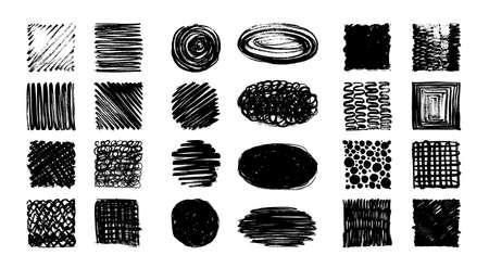 Sketch hatching set. Brush sketches, black grunge shapes for design. Pencil, pen or chalk basic crosshatch textures. Isolated charcoal scrawl swanky vector bundleのイラスト素材