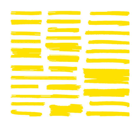 Highlight marker lines. Yellow highlighter marks, scribble brush strokes. Text highlighted, underline marking elements. Vibrant stripes decent vector kitのイラスト素材