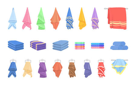 Cartoon towel set. Towels roll, rag bath hang. Self hygiene, isolated beach or kitchen colorful cloth. Hotel or spa accessories decent vector collectionのイラスト素材
