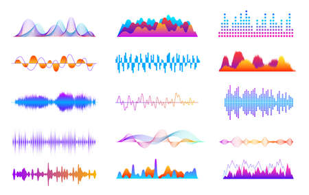 Sound waves set. Voice wave sounds, musical impulse graph. Vibrant music player interface, digital...