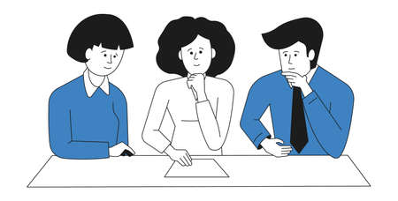 People thinking. Coworkers sitting at table and looking at documentのイラスト素材