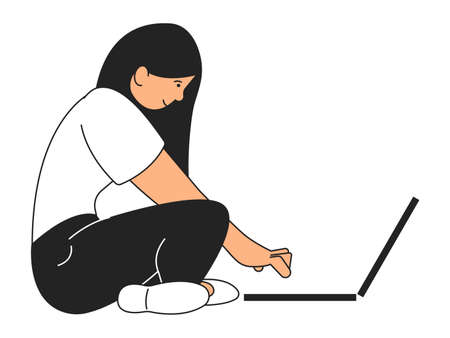 Young woman sitting on floor with laptop. Girl working on computerのイラスト素材