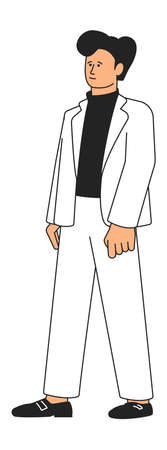 Man standing. Smiling guy in white suit. Hearing person