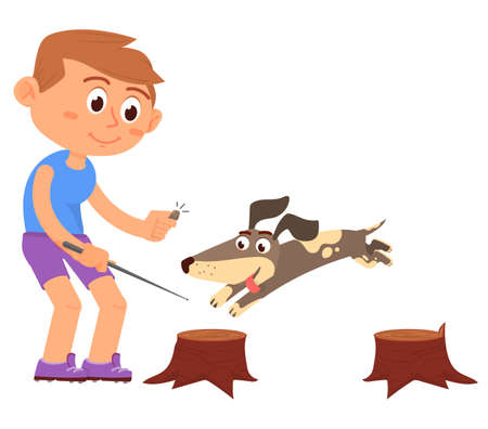 Dog training. Puppy jumping on tree stumps. Boy playing with petのイラスト素材