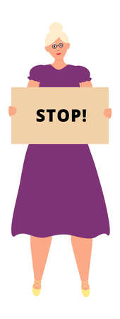 Woman with stop placard. Girl protesting against right violationのイラスト素材
