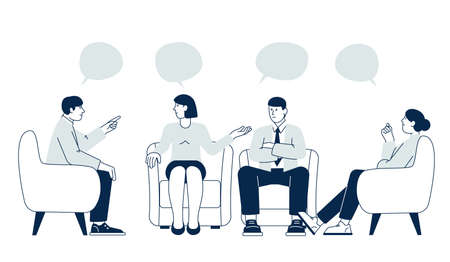 Therapy support group. Psychology session, helping social network. Women counseling, doctor and patients communication. Meeting recent vector sceneのイラスト素材