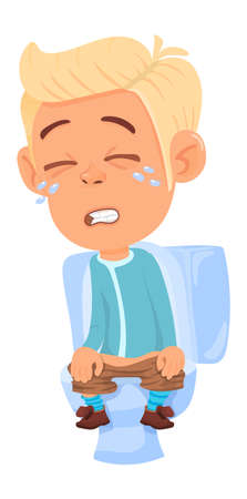 Kid stomach pain. Boy sitting on toilet. Crying cartoon characterのイラスト素材