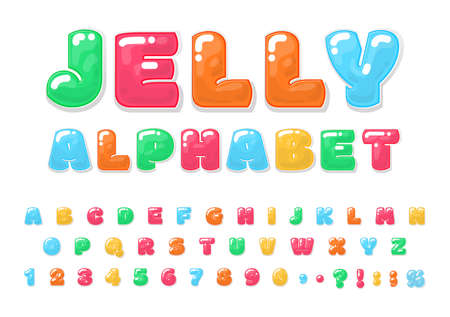 Jelly cartoon alphabet. Color letter 3d, kids tasty numbers. Delicious bubble gum text, fun candy typography elements childish decent vector collectionのイラスト素材