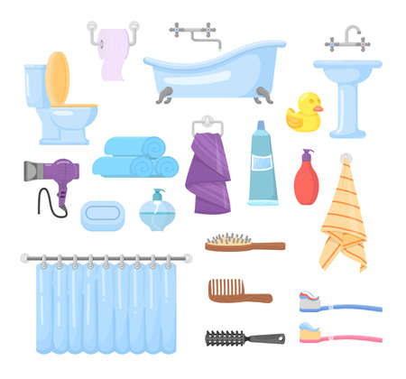 Bathroom accessories. Toothbrush, toilet and soap. Bath interior elements, hygiene cartoon icons. Towels and bottle, bathtub decent vector collectionのイラスト素材
