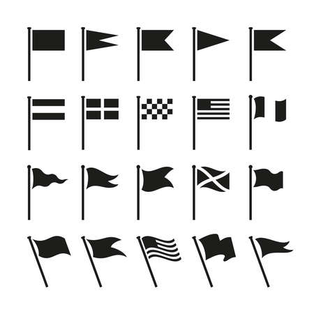 Flag icons. Black isolated flags, pennant icon. Simple flagpole elements, national symbols or race sign. Location point mark tidy vector setのイラスト素材