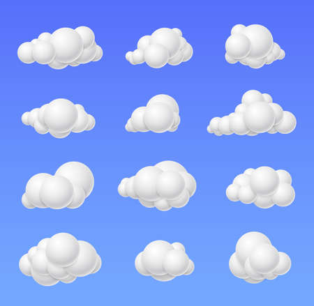 Isolated 3d white clouds. Cloud render, cartoon heaven elements. Decorative cotton sky bubbles....