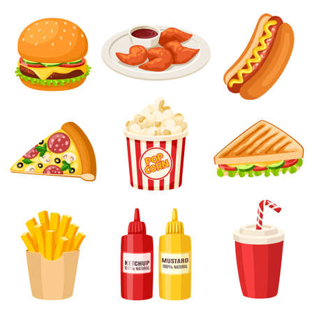 Cartoon fast food elements. Junk snack, foods in cafe icons. Hot dog, sweet drink, pizza slice and sauces. Isolated burger restaurant, meal garish vector clipartのイラスト素材