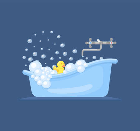 Bathtub with duck. Baby shower, tub with yellow cartoon toy and foam. Soap bubbles, funny hygiene concept. Bathroom elements decent vector setのイラスト素材