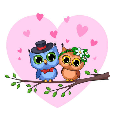 Owl in love. Cute owls sitting on branch, cartoon night forest birds. Romantic wild couple together. Valentines day present postcard, garish vector posterのイラスト素材