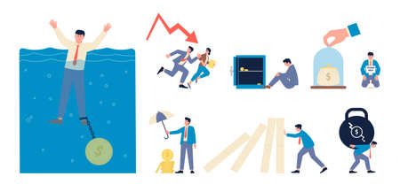 Financial crisis. Economic bankruptcy, leader decline and business problems. Graphic push down, managers and finance need help, recent vector scenesのイラスト素材