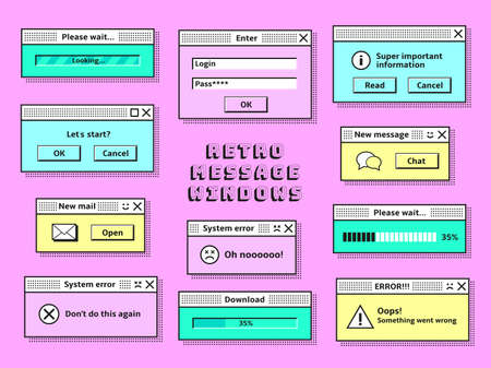 Retro message windows. Pc vintage hipster mail cloud, 1990s technology messages interface elements. Trendy old computer browser tidy template vector kitのイラスト素材
