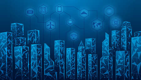 Technology city background. Futuristic skyscraper, smart blue buildings polygons. Big urban...