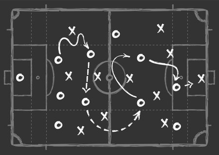 Soccer game scheme. Football chalk blackboard, tactic defence team strategy. Sports game plan, strategic coach training drawing, decent vector backgroundのイラスト素材