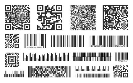 Barcodes. Black barcode, qr code for scanning. Coupon, shopping bag or product info coding. Identity signs stickers, personal vaccination symbols, exact vector setのイラスト素材