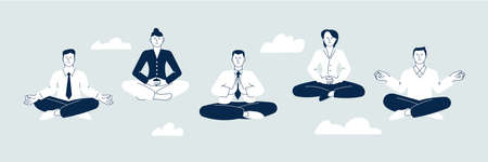 Meditation yoga group. Business characters meditate and relax. Team thinking, clean mind and create ideas. Office wellbeing, zen group recent vector conceptのイラスト素材
