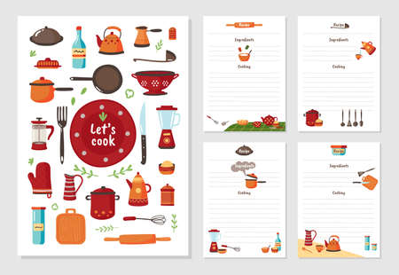 Recipe cards. Cookbook pages, cute cook recipes notes. Kitchen decorative stickers templates, food ingredients blank journal list classy vector setのイラスト素材