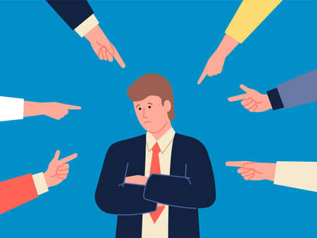 Bullying on work. Corporate blame, office hostility and fear. Tired depressed person, employee male victim of bullies. Hands indicate man recent vector conceptのイラスト素材